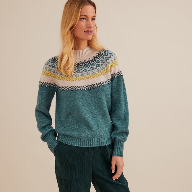 Pull jacquard, col montant, en grosse maille jacquard vert <span itemprop=