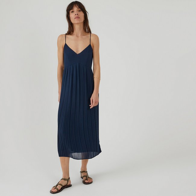 Robe longue plisse soleil a fines bretelles La Redoute Collections La Redoute