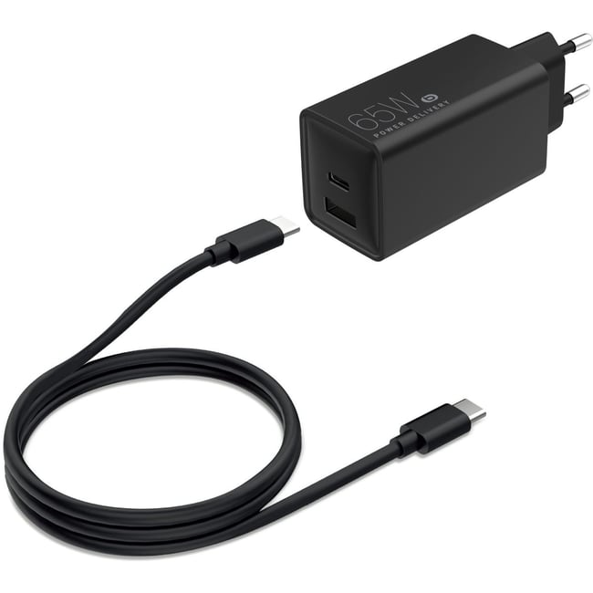 Chargeur ordinateur portable 65W USB-A + USB-C + cable USB-C 2M Noir - ESSENTIEL B