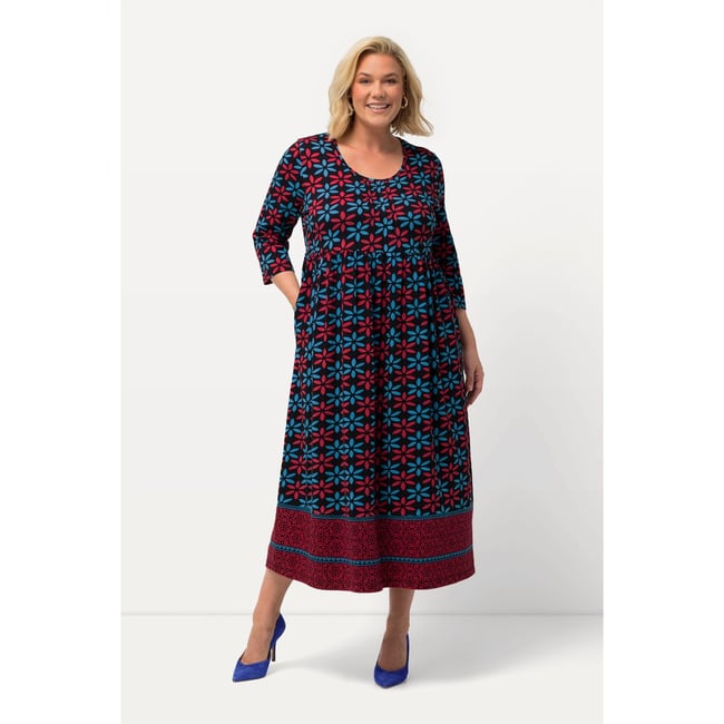 Robe Jersey, Fleurs, Silhouette An A, Col En V, Manches 3/4, Noir