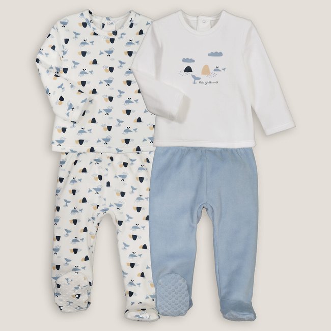 Lote de 2 pijamas, 2 peças, em veludo, baleias cru + azul <span itemprop=
