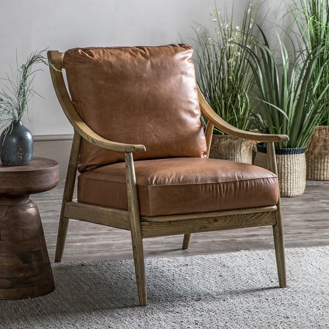 Arcot Mid Century Brown Leather Armchair with Solid Oak Frame, brown, SO'HOME