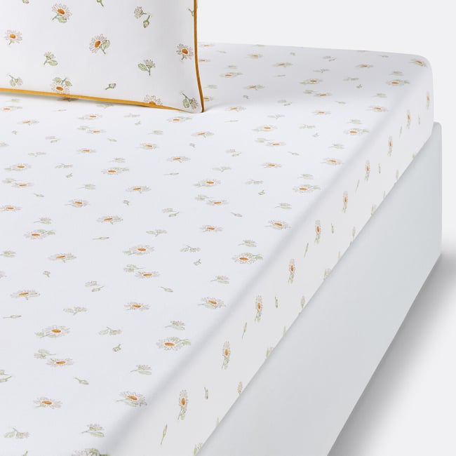 Drap-housse coton lavé, Paquita imprimé fond blanc <span itemprop=