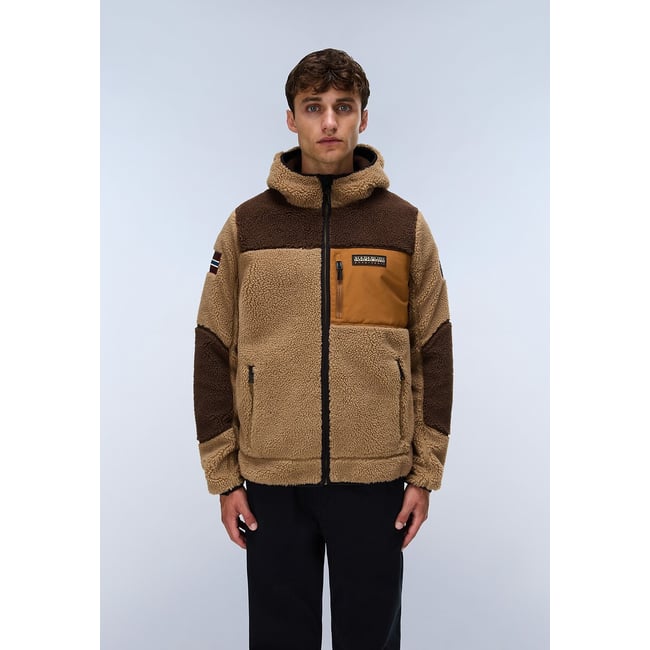 Sweat zippé à capuche col montant beige/marron <span itemprop=