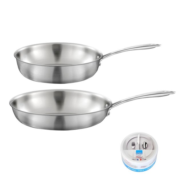 Lot 1 poêle inox 28cm, 1 sauteuse inox 24cm, 1 pierre d'argent® citron 300 g (entretien de l'inox) - GOURMET inox <span itemprop=