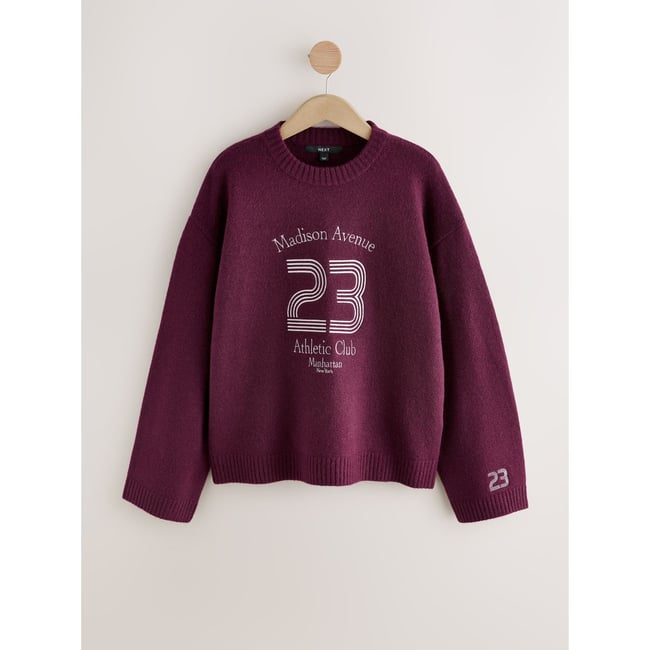 Pull brodé à imprimé style sport avec laine rouge bordeaux <span itemprop=
