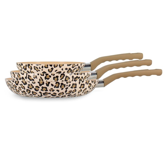 Set 3 poêles en aluminium recyclé, LEOPARD marron <span itemprop=