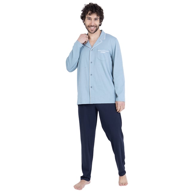 Pigiama lungo in cotone, collo a camicia blu/marine ATHENA