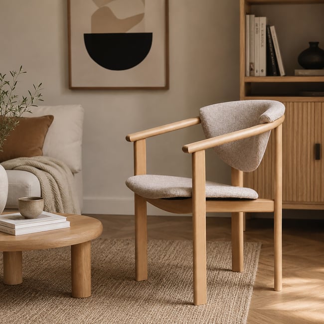 Chaise design en bois massif avec accoudoirs – Assise et dossier rembourrés beige <span itemprop=