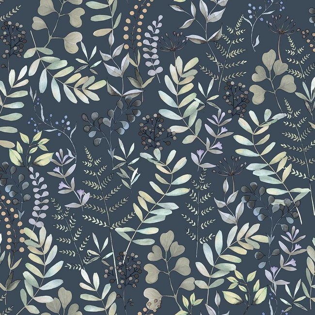 Papier peint botanique nocturne bleu ardoise Couleur beige <span itemprop=