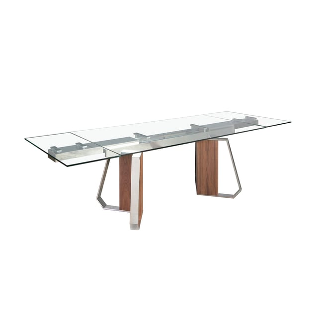 Table de salle à manger rectangulaire à rallonge en verre trempé, noyer et acier chromé Couleur noyer | verre | acier <span itemprop=