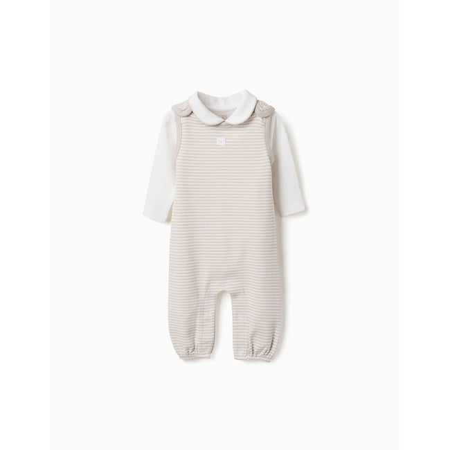 Body à manches longues + salopette à rayures blanc <span itemprop=