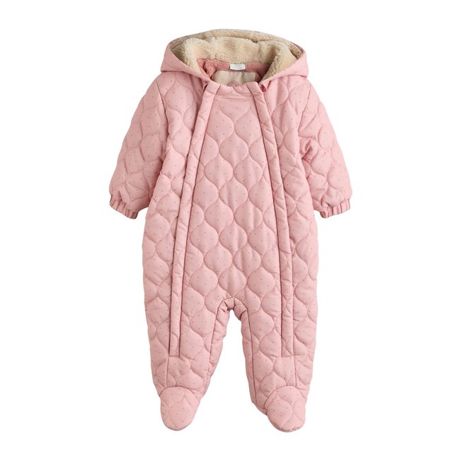 Combinaison à capuche pour bébé nylon rose à pois, double fermeture éclair <span itemprop=
