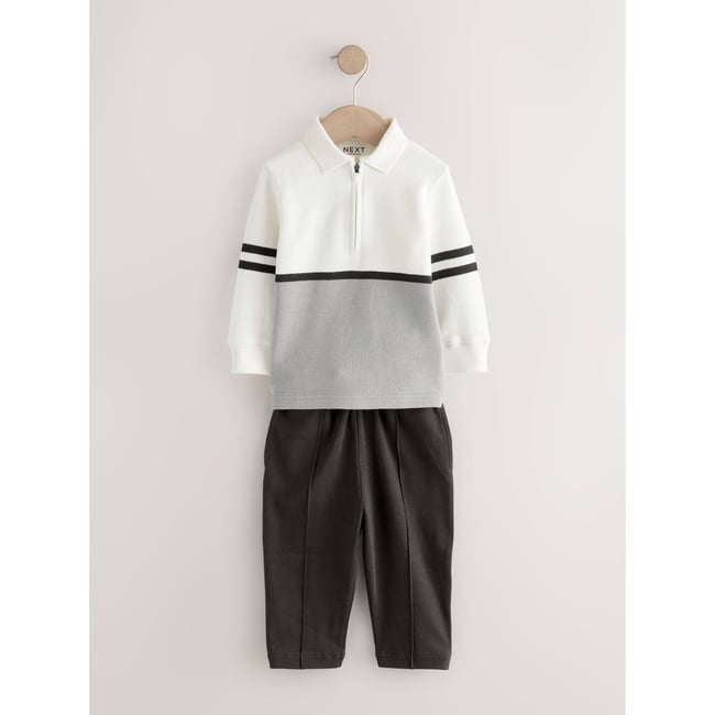 Polo à manches longues et pantalon de jogging zip gris/blanc <span itemprop=