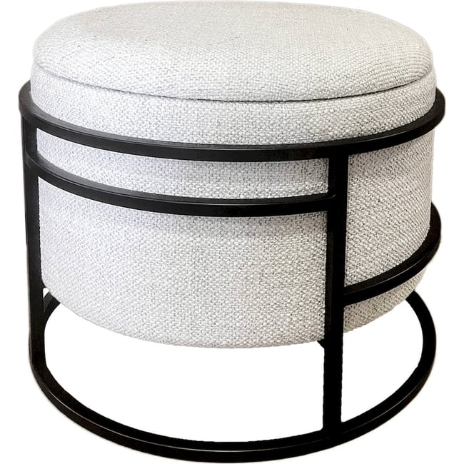 Pouf rond avec structure en métal et rangement Couleur blanc naturel et structure métal noir <span itemprop=