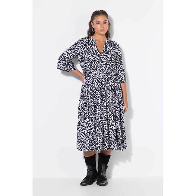 Robe midi, coupe trapèze, imprimé graphique noir <span itemprop=