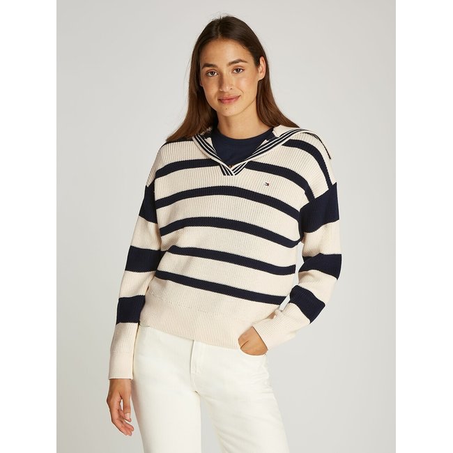 Jersey de rayas con cuello de polo blanco/azul marino <span itemprop=