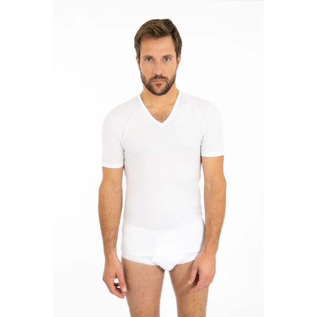 T-shirt col V en coton léger blanc <span itemprop=