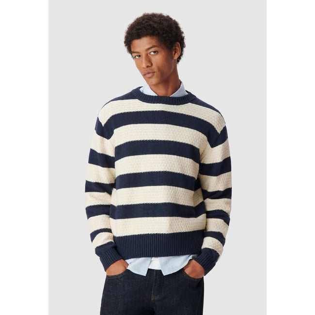 Pull tricot rayé bleu marine <span itemprop=