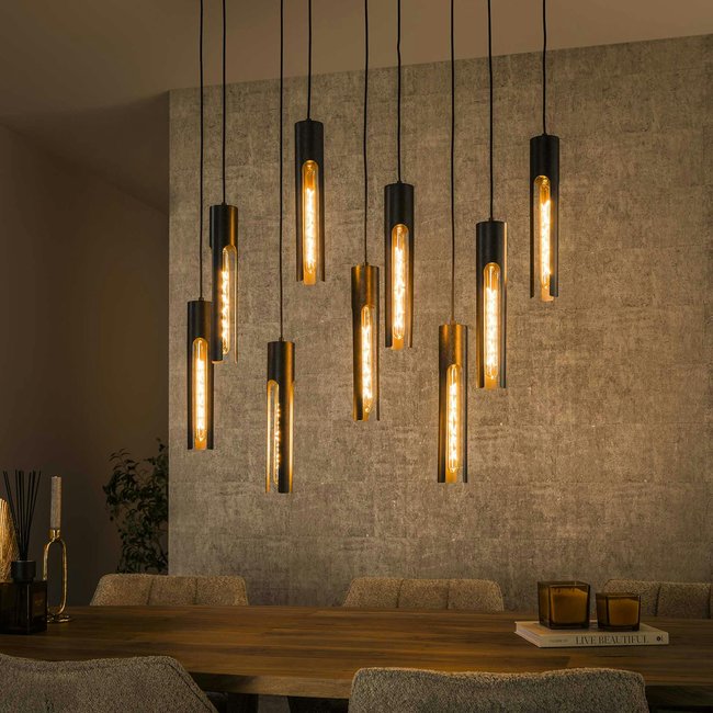 Suspension noire 9 abat-jour forme tube RALF Couleur noir <span itemprop=