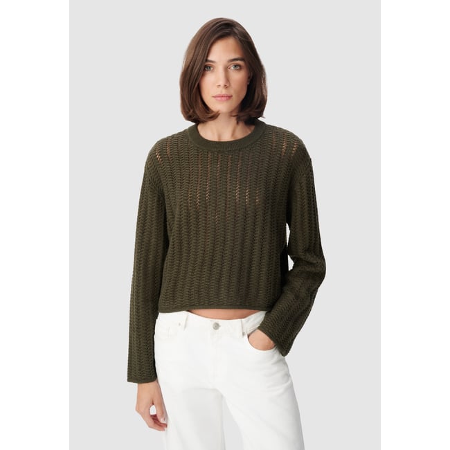 Pull tricot ajouré vert kaki <span itemprop=