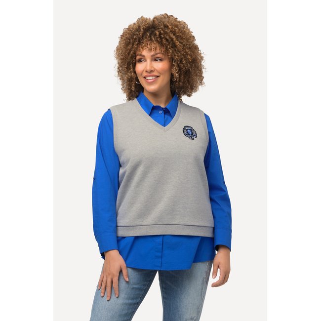 Pull sans manches en molleton à col en V gris clair chiné <span itemprop=