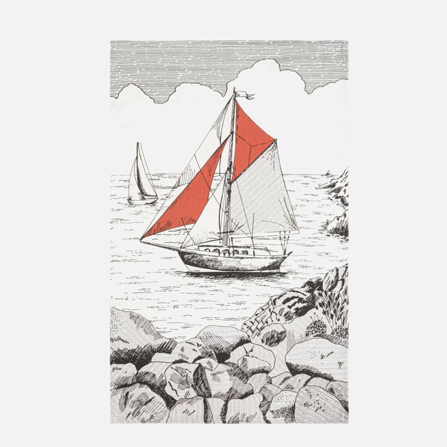 Torchon imprimé en coton et lin VOILIER blanc <span itemprop=