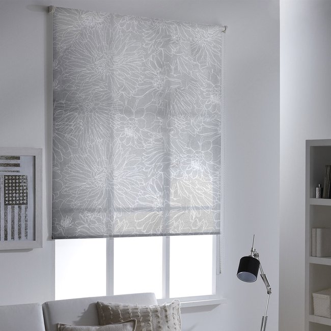 Store enrouleur tamisant motifs fleurs gris clair <span itemprop=