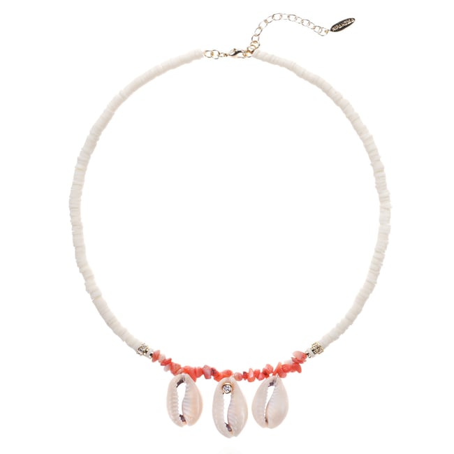 Collier de perles avec cauris BRONZETT corail <span itemprop=