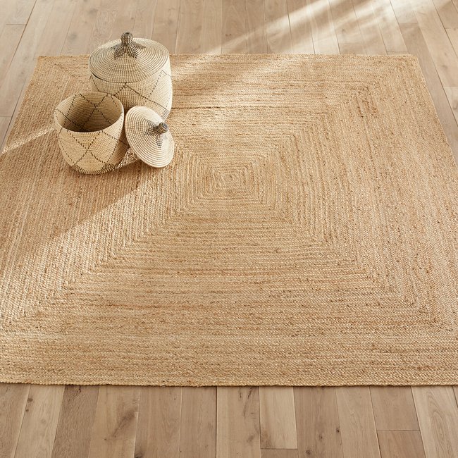 Vierkant tapijt in jute, hand geweven, Hempy <span itemprop=