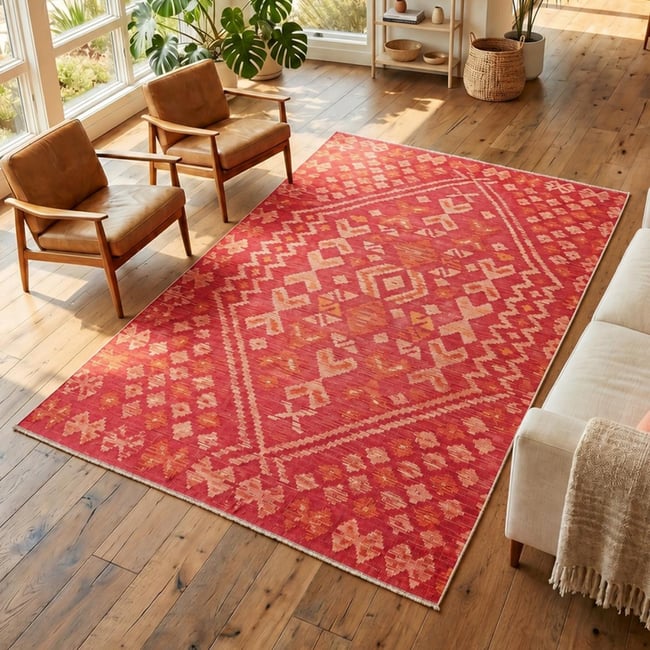 Tapis d'orient ethnique, tissé plat artisanal en laine, KILIM 17 Couleur rouge, orange, rose <span itemprop=