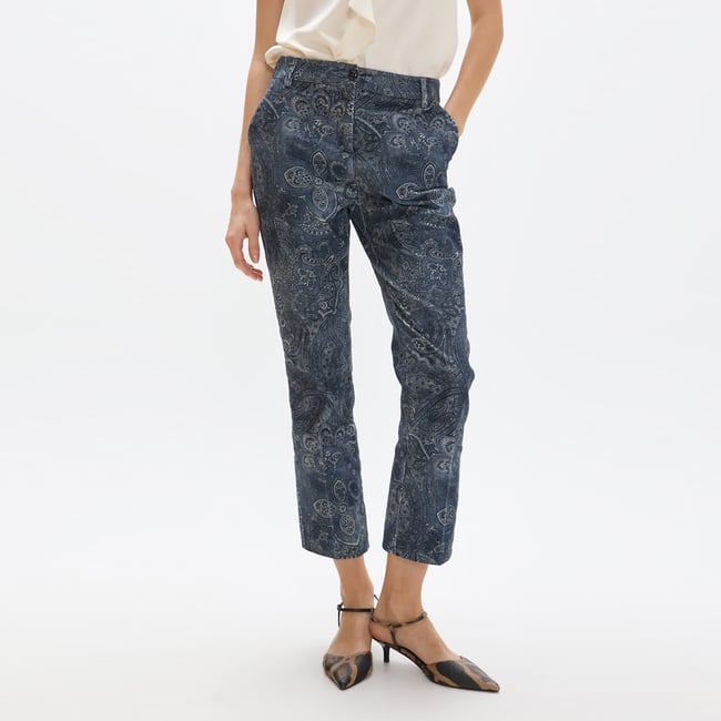 Pantalon chino côtelé imprimé paisley bleu gris <span itemprop=