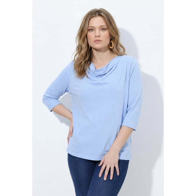 T-shirt col bénitier, manches 3/4, coton bio bleu ciel <span itemprop=