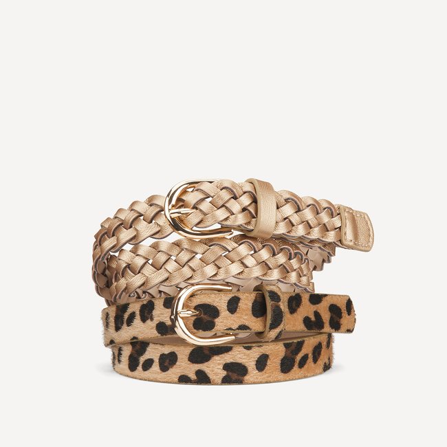 Lote de 2 cinturones, con trenzado y con estampado de leopardo dorado + marron <span itemprop=