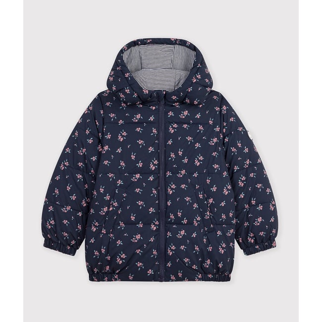 Doudoune à capuche, imprimé fleurs bleu marine imprimé <span itemprop=