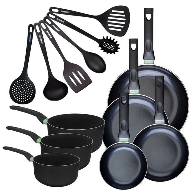 4 poêles 16/20/24/28cm + 3 casseroles 16/18/20cm BRANDAO noir|vert <span itemprop=