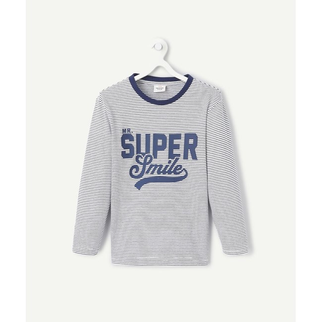 Striped Organic Cotton T-Shirt with Long Sleeves, grey/blue, TAPE A L'OEIL