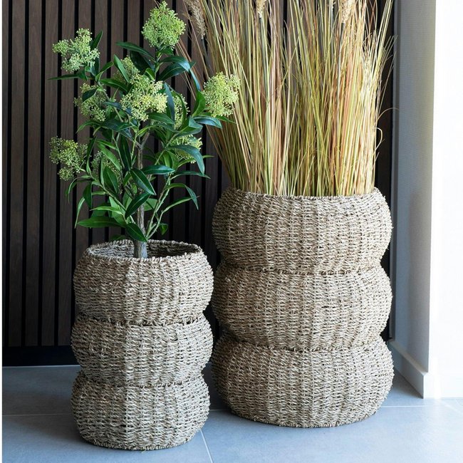 Cache-pot en jonc de mer pour grandes plantes, forme ronde (lot de 2) Couleur beige <span itemprop=