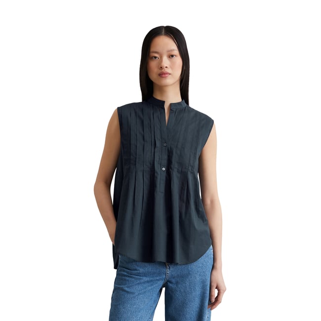 Blouse sans manches relaxed en voile de coton Silky-Touch bleu fooncé <span itemprop=