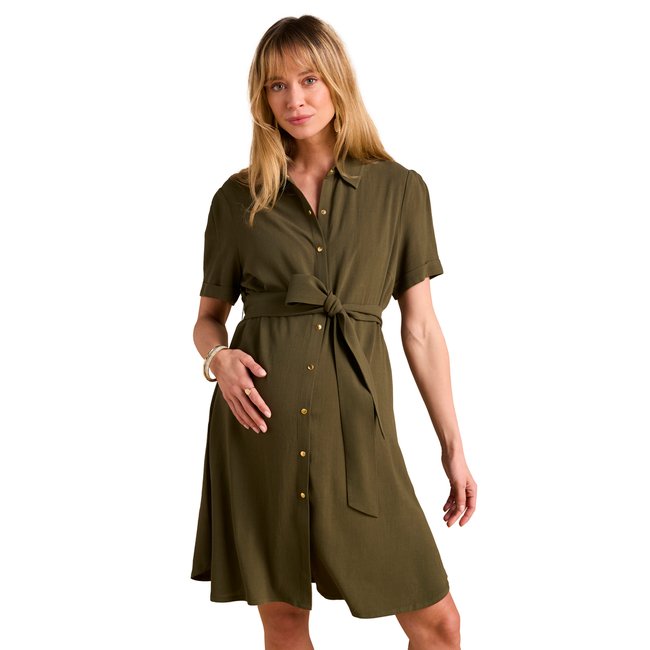 Robe chemise grossesse et allaitement kaki <span itemprop=