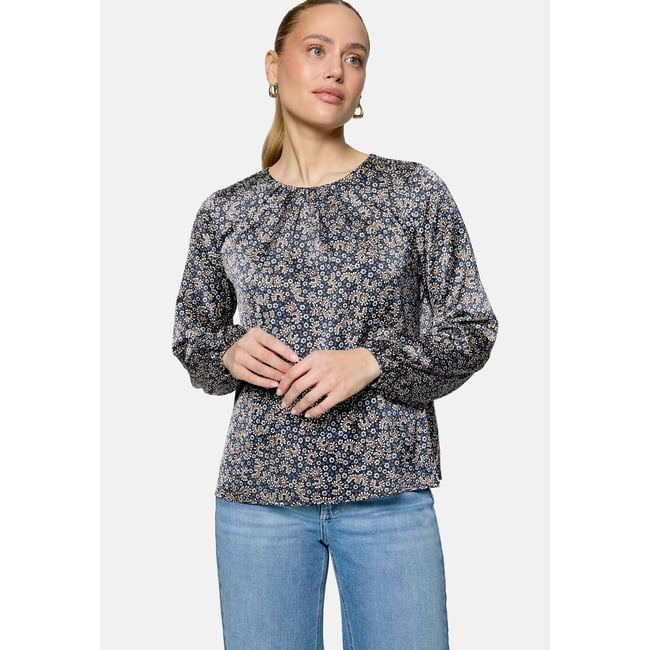 Satinbluse langarm mit blumen dark bluecream <span itemprop=