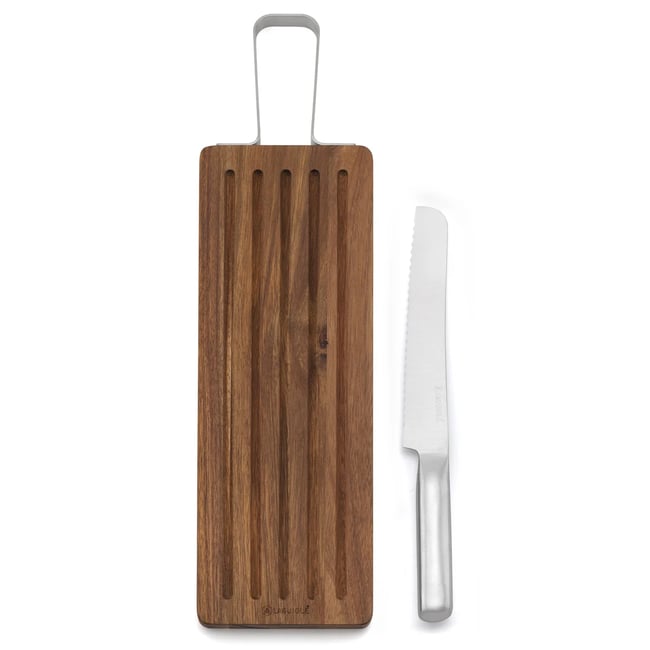 Planche à pain acacia + couteau à pain - Reflet bois / argent <span itemprop=