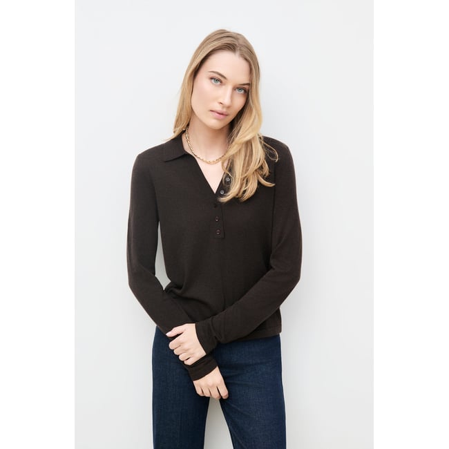 Pull droit court col chemise MPOPPY marron foncé <span itemprop=