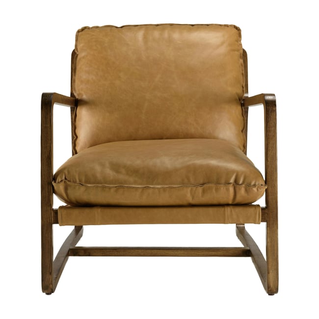 Fauteuil cuir beige et bois dos incliné PRESTON Couleur marron <span itemprop=