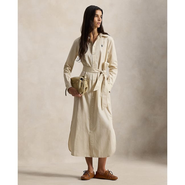 Robe chemise rayée à manches longues, avec ceinture  rayé beige/blanc <span itemprop=
