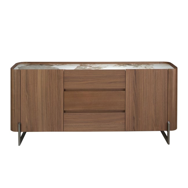 Buffet en noyer et acier métallisé foncé avec dessus en marbre porcelaine Couleur blanc | acier foncé | noyer <span itemprop=