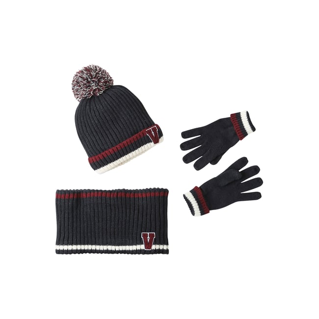 Ensemble bonnet + snood + gants en maille côtelée marine <span itemprop=