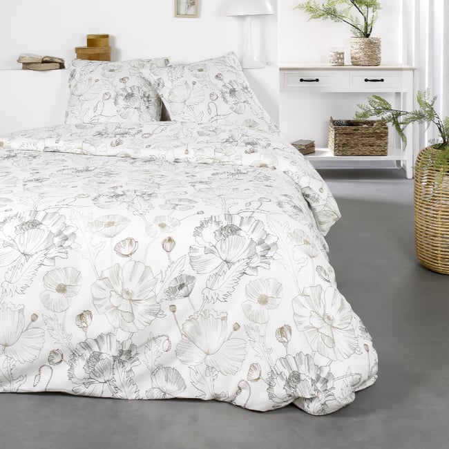 Parure de lit 2 personnes imprimé floral coton SUNSHINE EDDI blanc <span itemprop=
