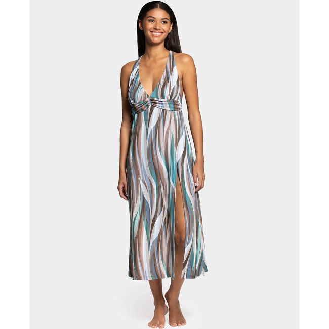 Langes Abendkleid Caribena blau/braun bedruckt <span itemprop=