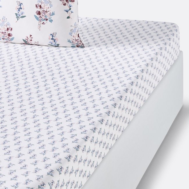 Drap-housse coton lavé, Jeanne imprimé fond blanc <span itemprop=